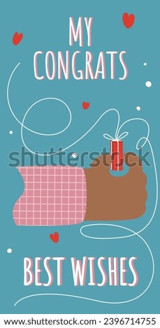Greeting card with hands holding gift and text. Vector illustration on a blue background. Suitable for banners, postcard printing. Gift concept, Valentine's Day, Christmas, New Year, holidays