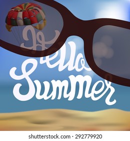 Greeting card with handwritten calligraphy lettering "Hello summer", sunglasses on sand, bright sun flare and realistic colorful parachute. Typography, vector illustration