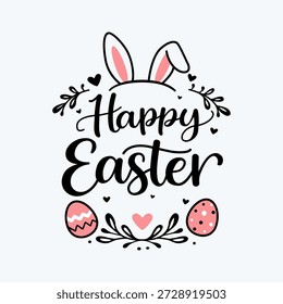 Tarjeta de felicitación con letras escritas a mano de Pascua feliz y un conejo de Pascua lindo. Ilustración vectorial para la impresión aislada en el fondo blanco.