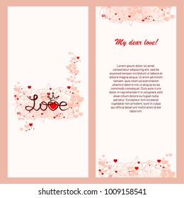 Greeting card with handwritten text Love. Heart and Fashionable polygonal abstract mesh on beautiful pink background. For engagement, wedding, Valentine Day. Vertical design.