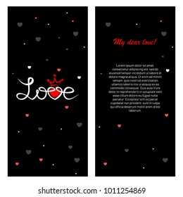 Greeting card with handwritten text Love. Heart and Fashionable polygonal abstract mesh on luxury black background. For engagement, wedding, Valentine Day. Vertical design.