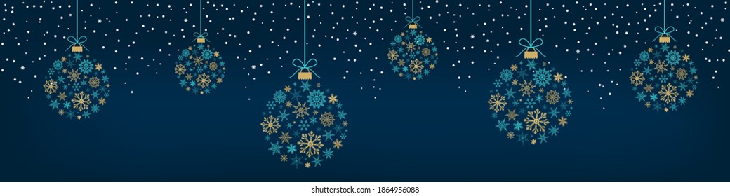 Greeting card with hanging Christmas balls made from turquoise and gold snowflakes nd snow on dark background. New year them. Vector illustration2
