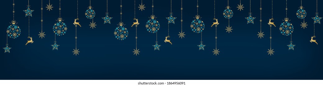 Tarjeta de saludo con bolas de Navidad colgantes hechas de turquesa y copos de nieve dorados y ciervo sobre fondo oscuro. El año nuevo. Ilustración del vector