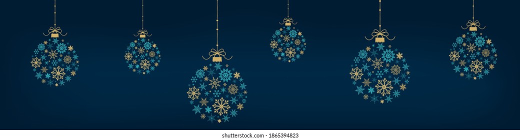 Greeting card with hanging Christmas balls made from turquoise and gold snowflakes on dark background. New year them. Vector illustration