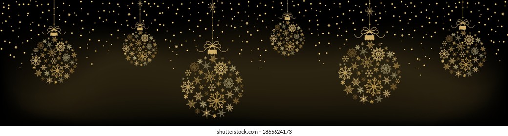 Greeting card with hanging Christmas balls made from gold snowflakes and snow on dark background. New year them. Vector illustration