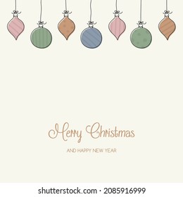 Greeting card with hanging Christmas balls and wishes. Vector