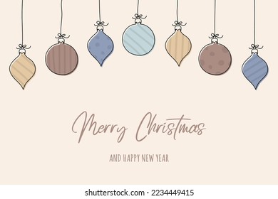 Greeting card with hanging Christmas balls and wishes. Vector