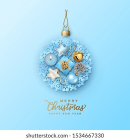 Greeting Card with hanging Christmas tree ball. Christmas baubles and golden decorations. Festive vector background