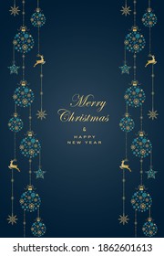 Greeting card with hanging garland of Сhristmas ball and star turquoise and gold colour made from snowflakes on dark background.New year them. Vector illustration 