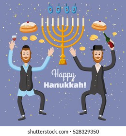 Greeting Card Hanukkah, the Jewish religious holiday. Menorah lighting, dancing celebrating the Jews, vector illustration