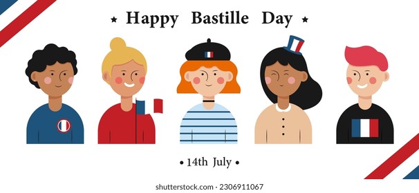 Greeting card for Happy Bastille Day with group of French people