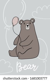 Greeting card with happy bear. Vector illustration.