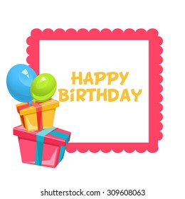 Greeting Card Happy Birthday, balloons and a gift, white background