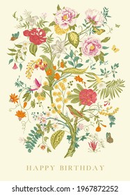 Greeting card. Happy Birthday. Blooming tree. Vintage floral illustration 