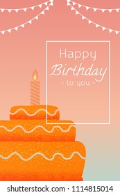 Greeting card Happy birthday cake with candles on sky background Vector texture style concept illustration.