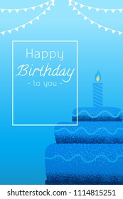 Greeting card Happy birthday cake with candles on sky background Vector texture style concept illustration.