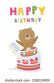 Greeting card happy birthday card cartoon happy holiday, bear jumps out of the cake, for print, design, poster, greeting card, postcard