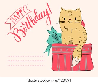 Greeting card "happy birthday" with the cat and the gift. Hand-drawn illustration.  Vector 