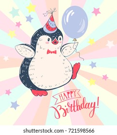 Greeting card "Happy birthday" with a cheerful penguin. Vector illustration.
