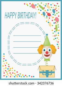 Greeting card happy birthday with a clown-gift. Background with confetti and balloons.
