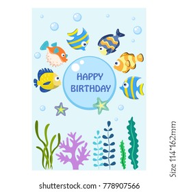 Greeting card happy birthday with colorful fish, vector illustration