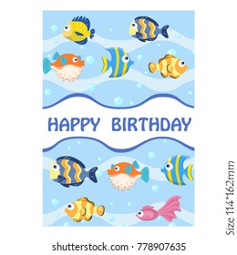 Greeting card happy birthday with colorful fish, vector illustration