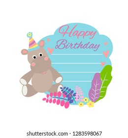 Greeting card happy birthday with cute little hippopotamus and  place under your text. Vector illustrattion.