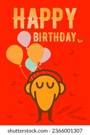 Greeting card Happy Birthday. Cute character in headphones with balloons. Bright birthday card with candies and hearts