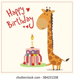 Greeting card happy birthday. Cute little giraffe with cake and candle.