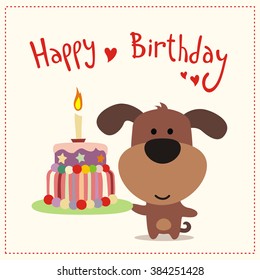 Greeting card happy birthday. Cute little puppy dog with cake and candle.