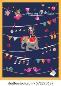Greeting card Happy birthday with cute cartoon monkey, elephant, garland, musical notes, birds, flowers, maple leaves. Design elements. Vector illustration.