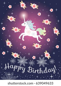 Greeting card Happy birthday with cute unicorn and pink flowers on polka dot background. Vector template.
