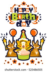 Greeting card happy birthday. Designed for printing invitations, wishes. Lion Drumming. Kangaroo and her baby. Squib. Balloon explosion, fireworks, stars. White background. Vector illustration.