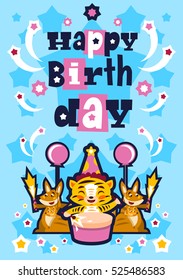 Greeting card happy birthday. Designed for printing invitations, wishes. Lion Drumming. Kangaroo and her baby. Squib. Balloon explosion, fireworks, stars. Blue background. Vector illustration.