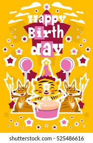 Greeting card happy birthday. Designed for printing invitations, wishes. Lion Drumming. Kangaroo and her baby. Squib. Balloon explosion, fireworks, stars. Orange background. Vector illustration.