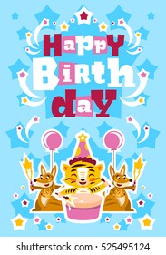 Greeting card happy birthday. Designed for printing invitations, wishes. Lion Drumming. Kangaroo and her baby. Squib. Balloon explosion, fireworks, stars. Blue background. Vector illustration