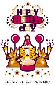 Greeting card happy birthday. Designed for printing invitations, wishes. Lion Drumming. Kangaroo and her baby. Squib. Balloon explosion, fireworks, stars. White background. Vector illustration