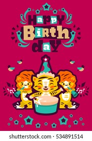 Greeting card happy birthday. Designed for printing invitations, wishes. Music Orchestra. Tiger plays the drum, lion playing the flute. Sprockets, fireworks. Vector illustration