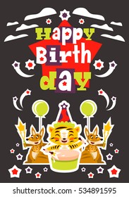 Greeting card happy birthday. Designed for printing invitations, wishes. Lion Drumming. Kangaroo and her baby. Squib. Balloon explosion, fireworks, stars. Vector illustration