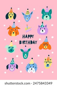 Greeting Card Happy Birthday Dogs Faces. Vector Celebration Design Postcard