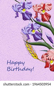 Greeting card Happy birthday, floral banner, bouquet flowers with red. violet irises on colorful  backgrouind  Floral business card and invitation of the wedding, birthday, holiday vector illustration