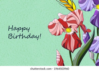 Greeting card Happy birthday, floral banner, bouquet flowers with red. violet irises on colorful  backgrouind  Floral business card and invitation of the wedding, birthday, holiday vector illustration