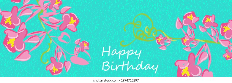 Greeting card Happy birthday, floral banner, bouquet flowers, flowering branch bindweed , isolated on colorful  backgrouind  Business card, invitation of the  birthday, holiday vector illustratration