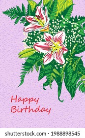 Greeting card Happy birthday, floral banner, bouquet flowers white lilies, isolated on colorful  backgrouind  Business card, invitation of the  birthday, holiday vector illustratration