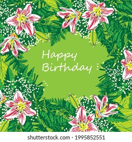 Greeting card Happy birthday, floral banner, bouquet flowers white lilies, isolated on colorful  backgrouind  Business card, invitation of the  birthday, holiday vector illustratration