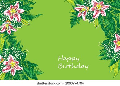 Greeting card Happy birthday, floral banner, bouquet flowers white lilies, isolated on colorful  backgrouind  Business card, invitation of the  birthday, holiday vector illustratration