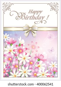 Greeting card Happy Birthday with flowers in a frame with an ornament