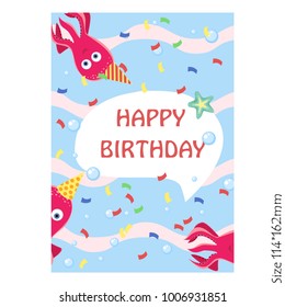 Greeting card happy birthday with funny octopus vector illustration