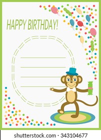 Greeting card happy birthday with funny monkey with candy. Background with confetti and balloons.