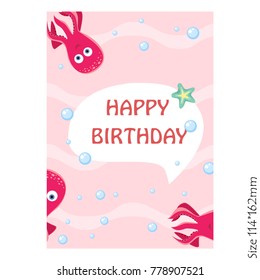 Greeting card happy birthday with funny octopus vector illustration